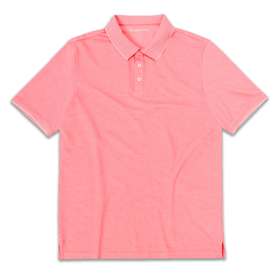 Range Polo Coral front with ribbed collar, ribbed short sleeves, and 3 white buttons