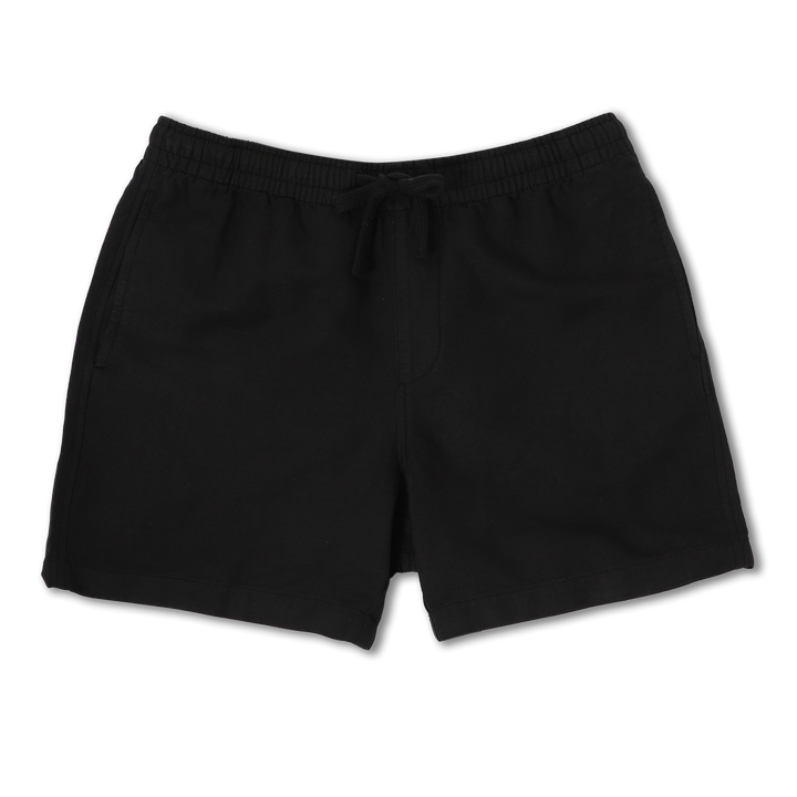 Retreat Linen Short Black front with an elastic waistband, two side seam pockets, faux fly, and dyed to match drawstring