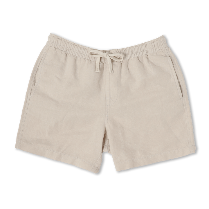 Retreat Linen Short Beige front with an elastic waistband, two side seam pockets, faux fly, and dyed to match drawstring