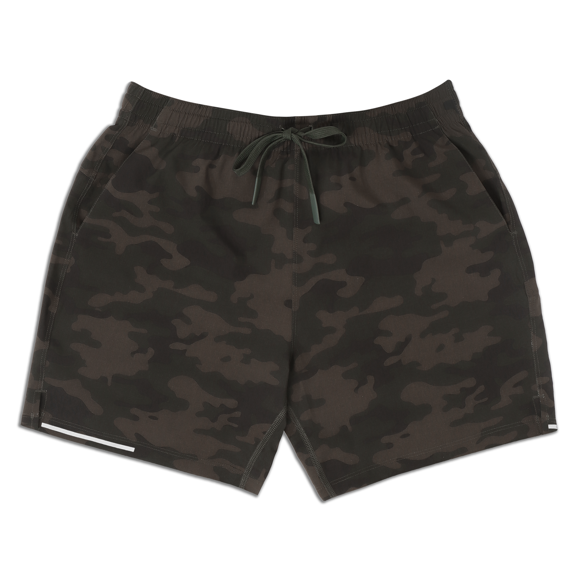 Run Short 5.5" Camo Green front with elastic waistband, dyed-to-match drawstring with rubberized tips, two front pockets, split hem, and reflective line on bottom right hem