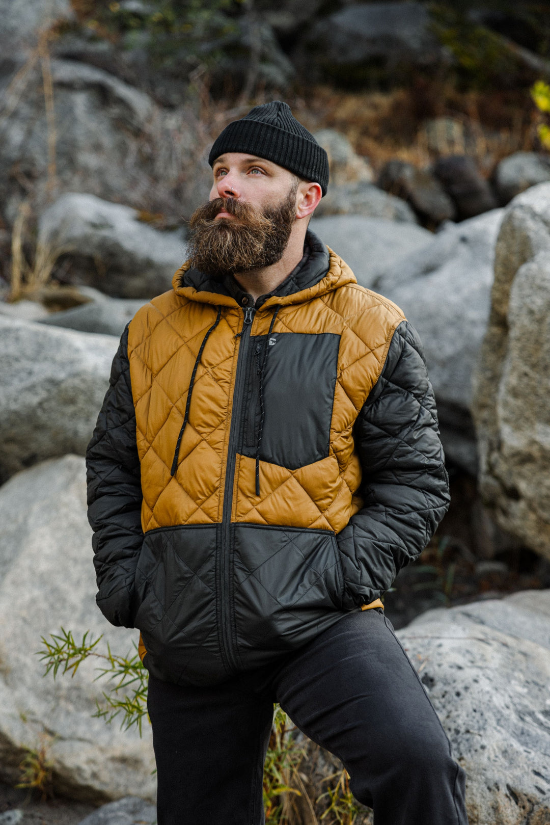 Man in Core Hoodie Bone and Essential 5 Pocket Pant in Oat 