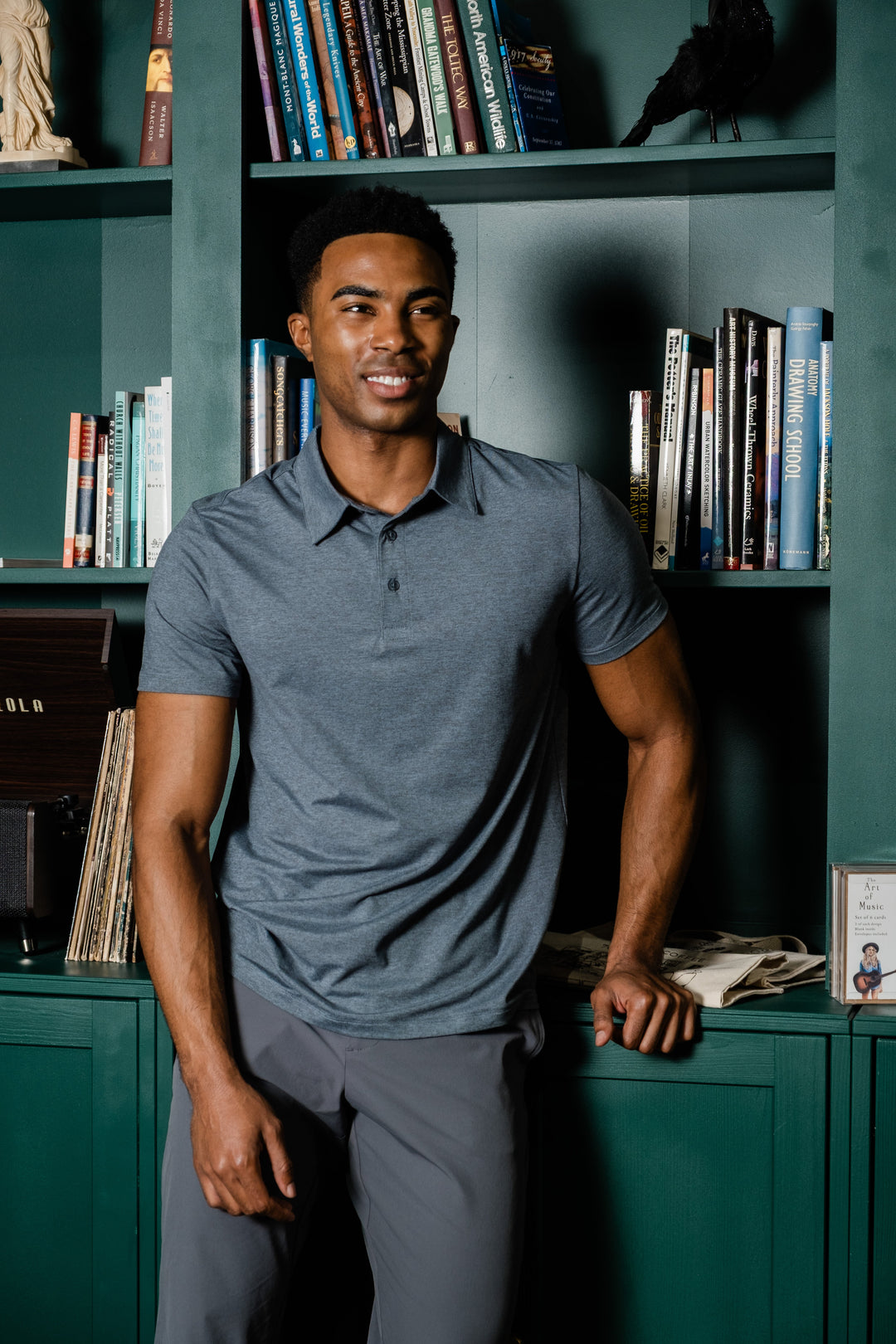 Tech Polo in Denim and Tour Pant in Dark Grey