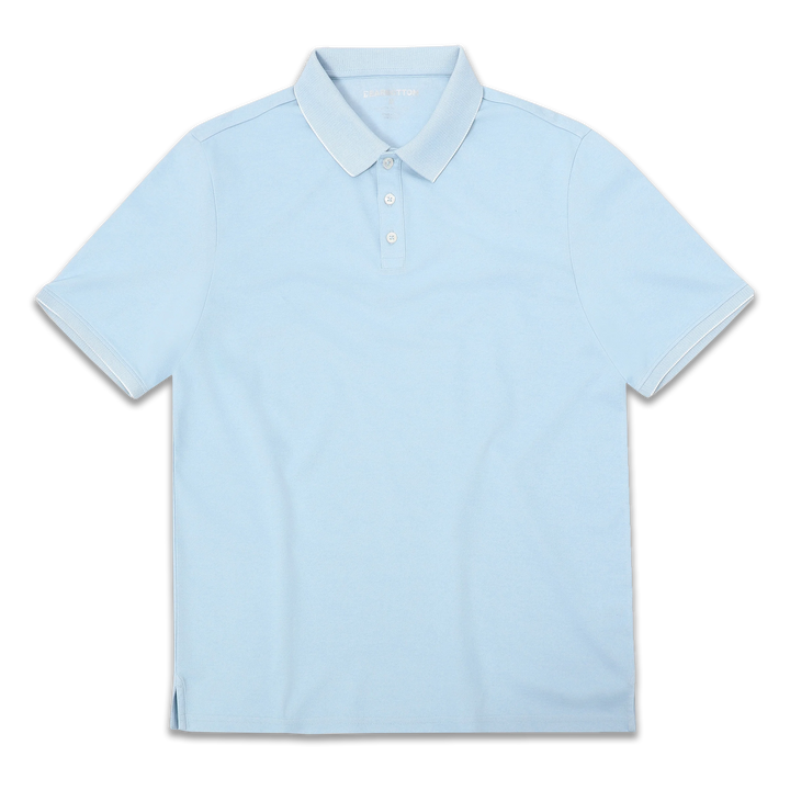 Range Polo Sky Blue front with ribbed collar, ribbed short sleeves, and 3 white buttons