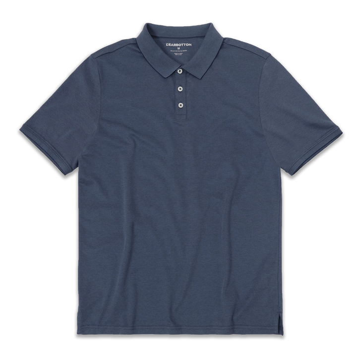 Range Polo Navy front with ribbed collar, ribbed short sleeves, and 3 white buttons