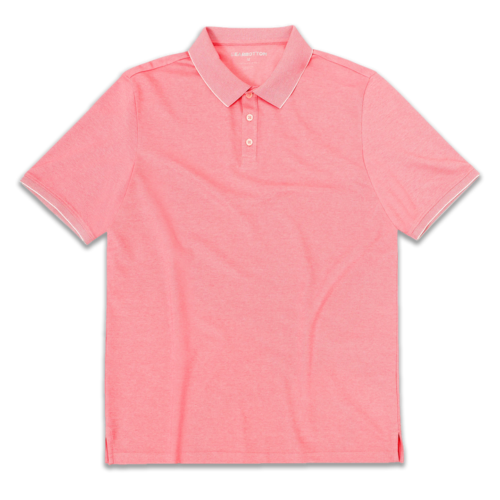 Range Polo Coral front with ribbed collar, ribbed short sleeves, and 3 white buttons