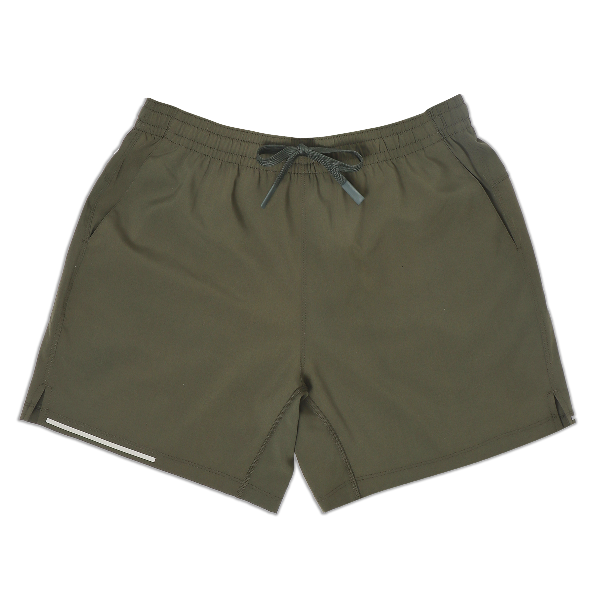 Run Short v2 7" Military Green front with elastic waistband, dyed-to-match drawstring with rubberized tips, two front pockets, split hem, and reflective line on bottom right hem