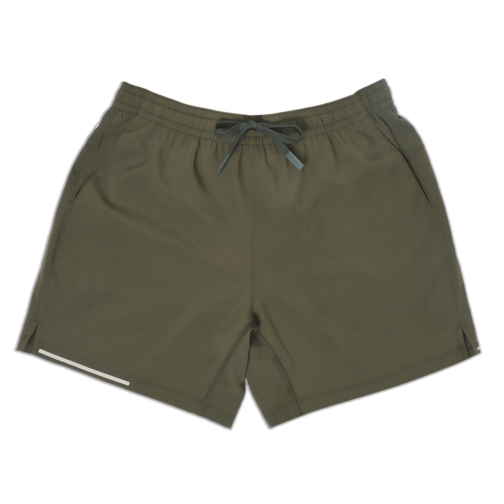 Run Short v2 7" Military Green front with elastic waistband, dyed-to-match drawstring with rubberized tips, two front pockets, split hem, and reflective line on bottom right hem