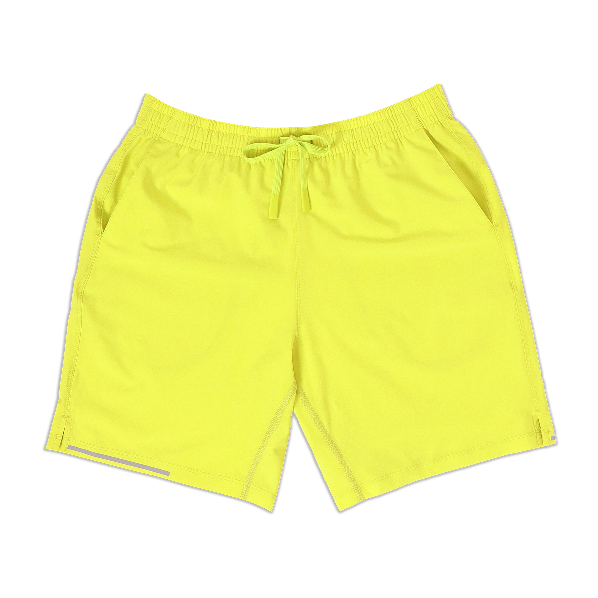 Run Short v2 7" Electric Yellow front with elastic waistband, dyed-to-match drawstring with rubberized tips, two front pockets, split hem, and reflective line on bottom right hem