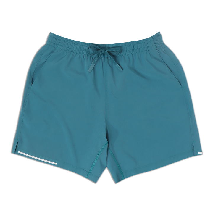 Run Short v2 7" Bright Ocean front with elastic waistband, dyed-to-match drawstring with rubberized tips, two front pockets, split hem, and reflective line on bottom right hem