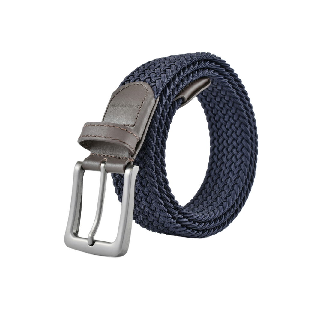 Stretch Woven Belt Navy with Genuine Leather Trim and Debossed Logo