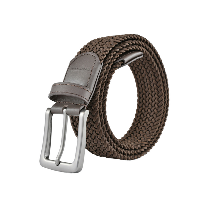 Stretch Woven Belt Brown with Genuine Leather Trim and Debossed Logo