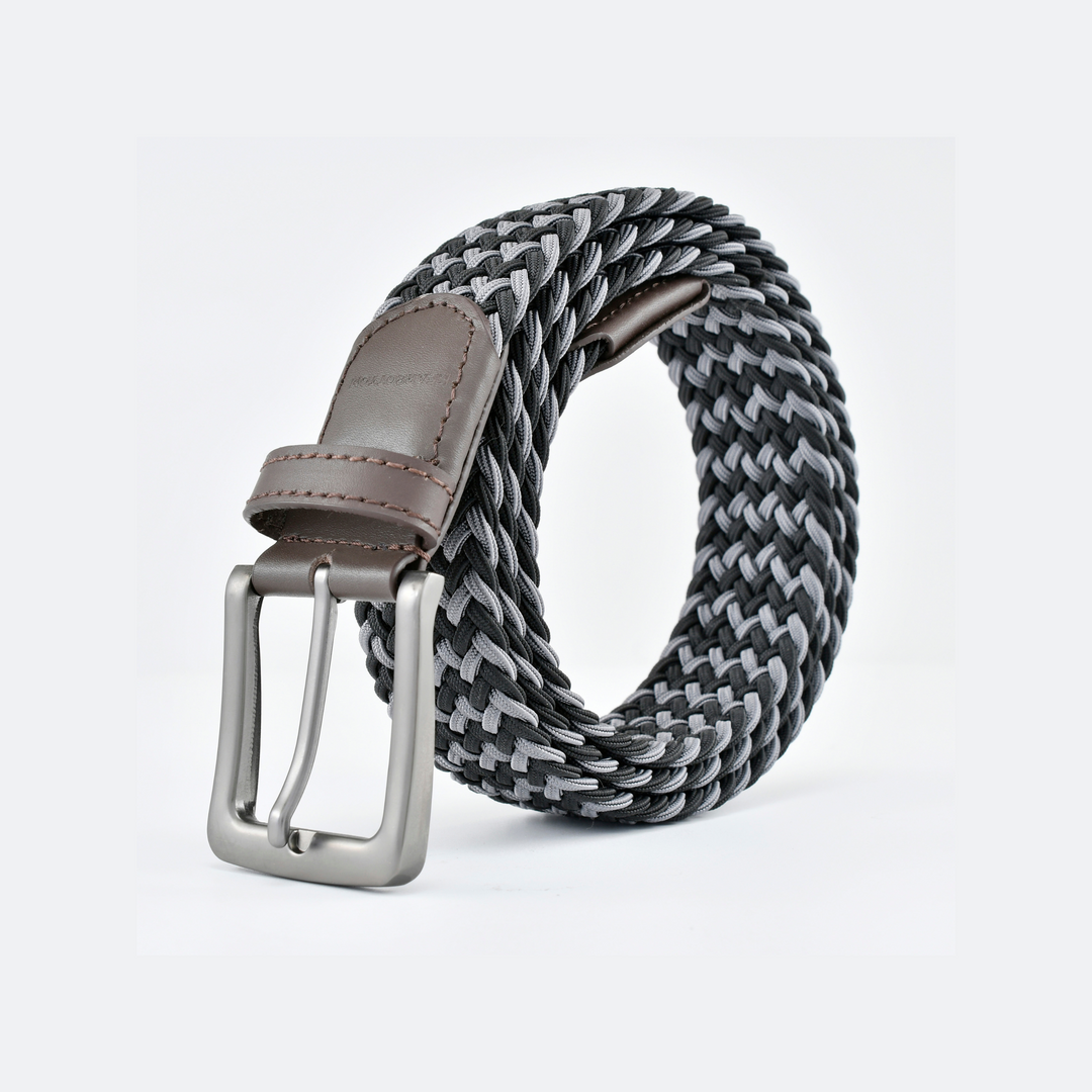 Stretch Woven Belt Black and Grey with Genuine Leather Trim and Debossed Logo