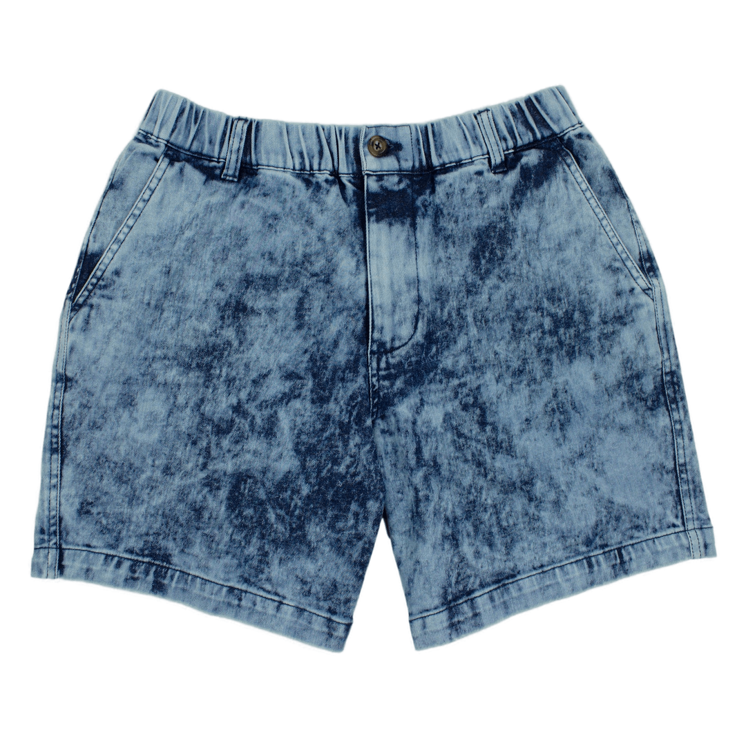 Stretch Denim Short Acid Wash 7" front with elastic waistband, belt loops, button, zipper-fly, and two side seam pockets