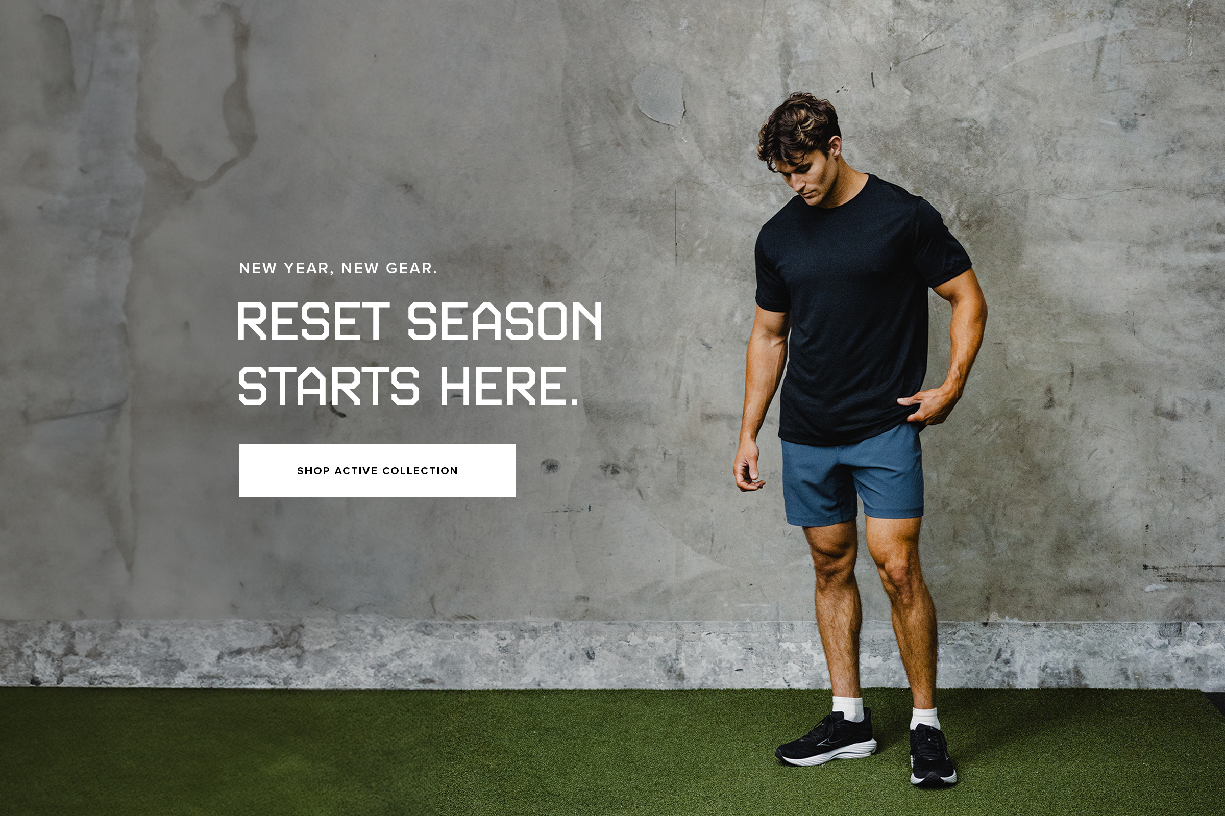 New Year, New Gear. Reset season starts here. Shop Active Collection. Man wearing Power Tee in Navy and Drifter Short (Lined) in Blue Jay.