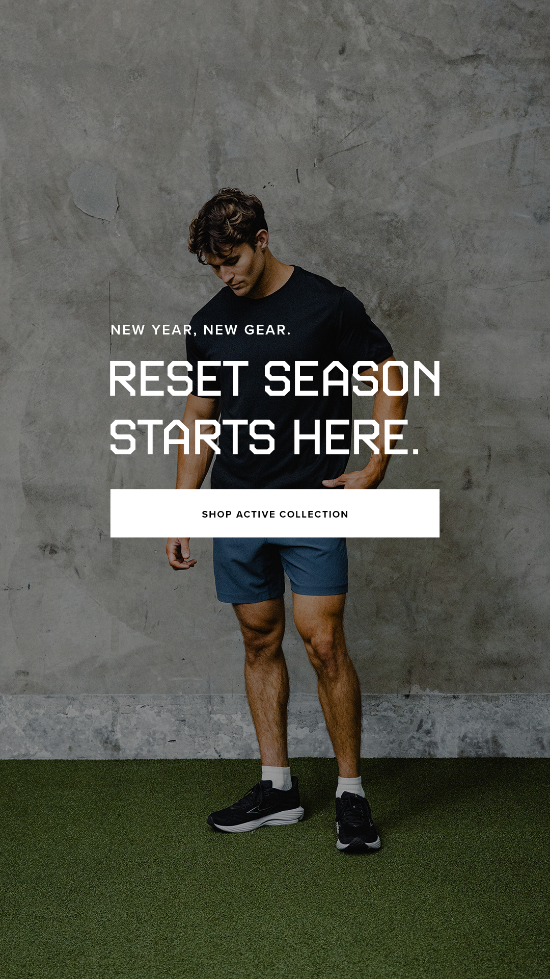 New Year, New Gear. Reset season starts here. Shop Active Collection. Man wearing Power Tee in Navy and Drifter Short (Lined) in Blue Jay.