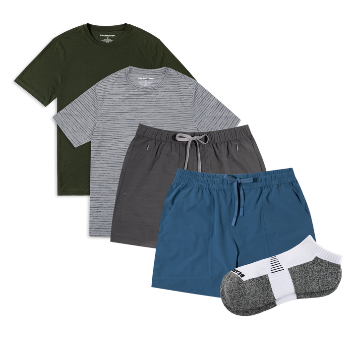 Active Bundle: Trek Ripstop Short Blue, Guide Short Black, Stride Tee Navy, Circuit Tee Military Green, Performance No Show Sock White