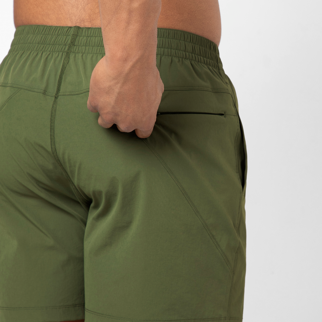 Atlas Short Military Green 5.5" close up of back zipper pocket