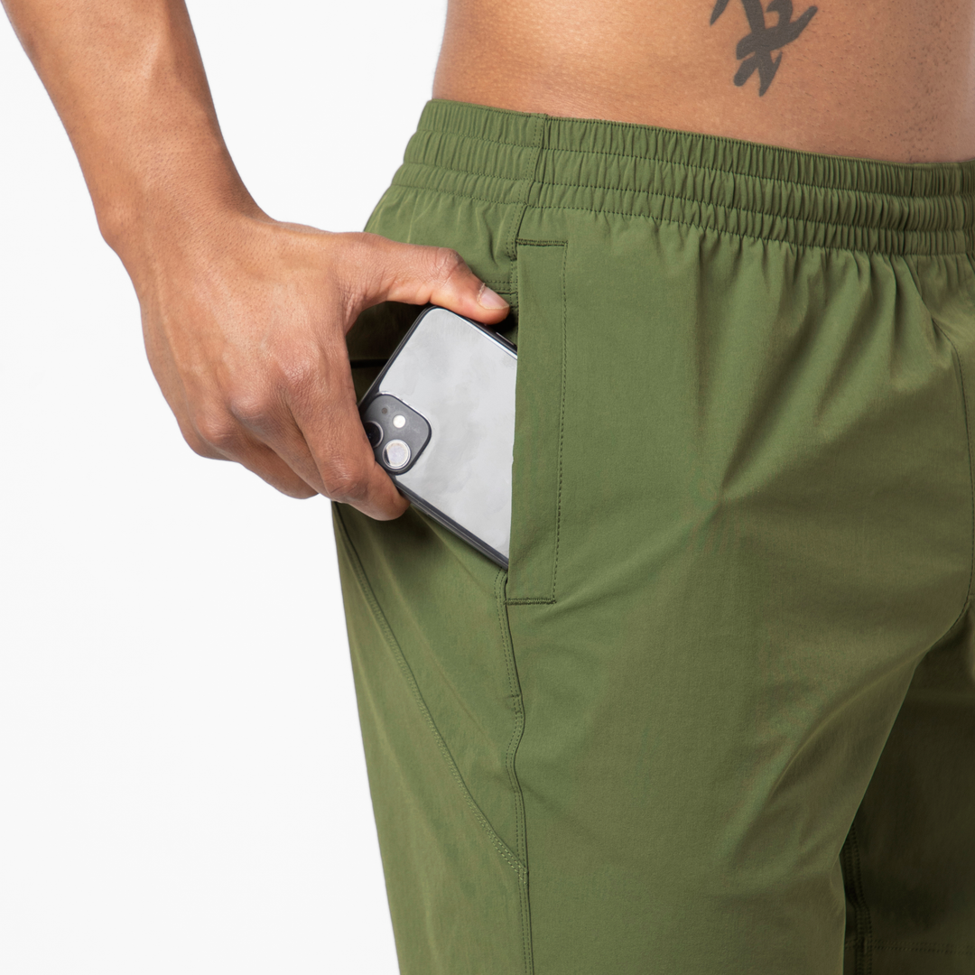 Atlas Short Military Green 5.5" close up of side seam pocket showing internal phone pocket