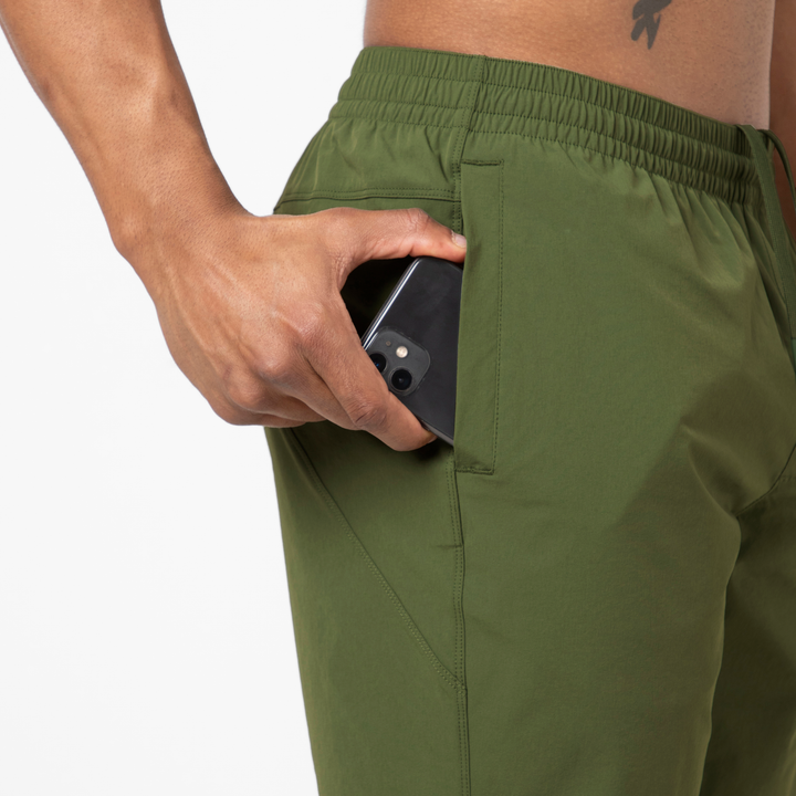 Atlas Short Military Green 7" close up of side pocket with internal phone pocket