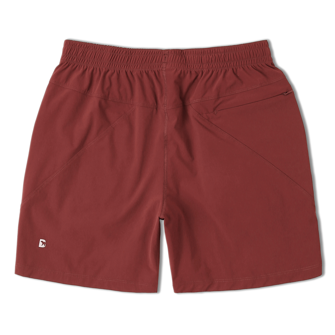 Atlas Short 5.5" Maroon Back with elastic waistband, back right zippered pocket, and small reflective logo of Bear drawn inside the letter B in bottom left corner