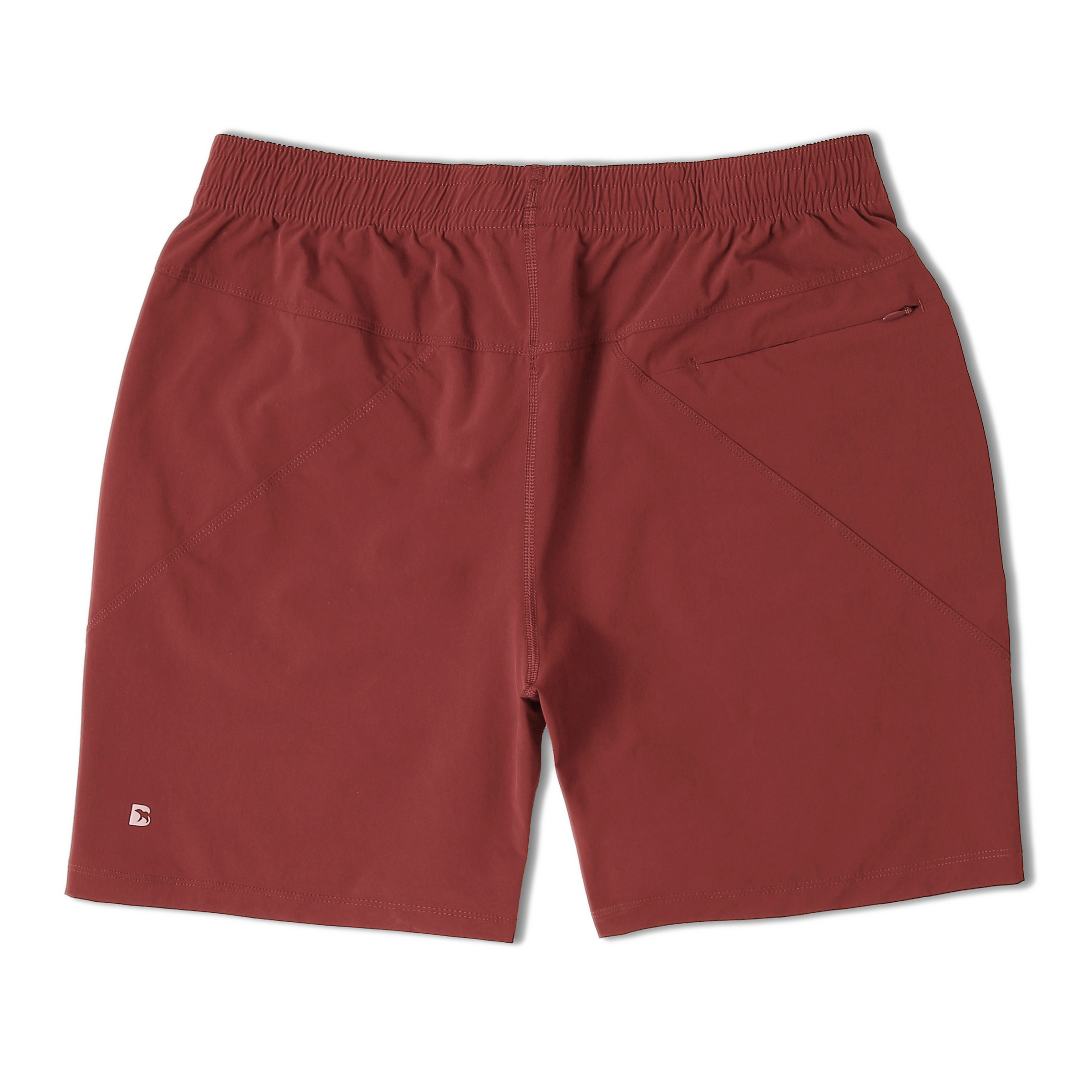 Atlas Short 7" Maroon Back with elastic waistband, back right zippered pocket, and small reflective logo of Bear drawn inside the letter B in bottom left corner
