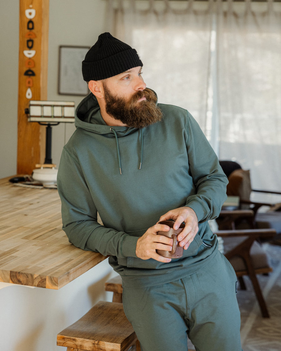 Man in Lounge Hoodie Dark Sage