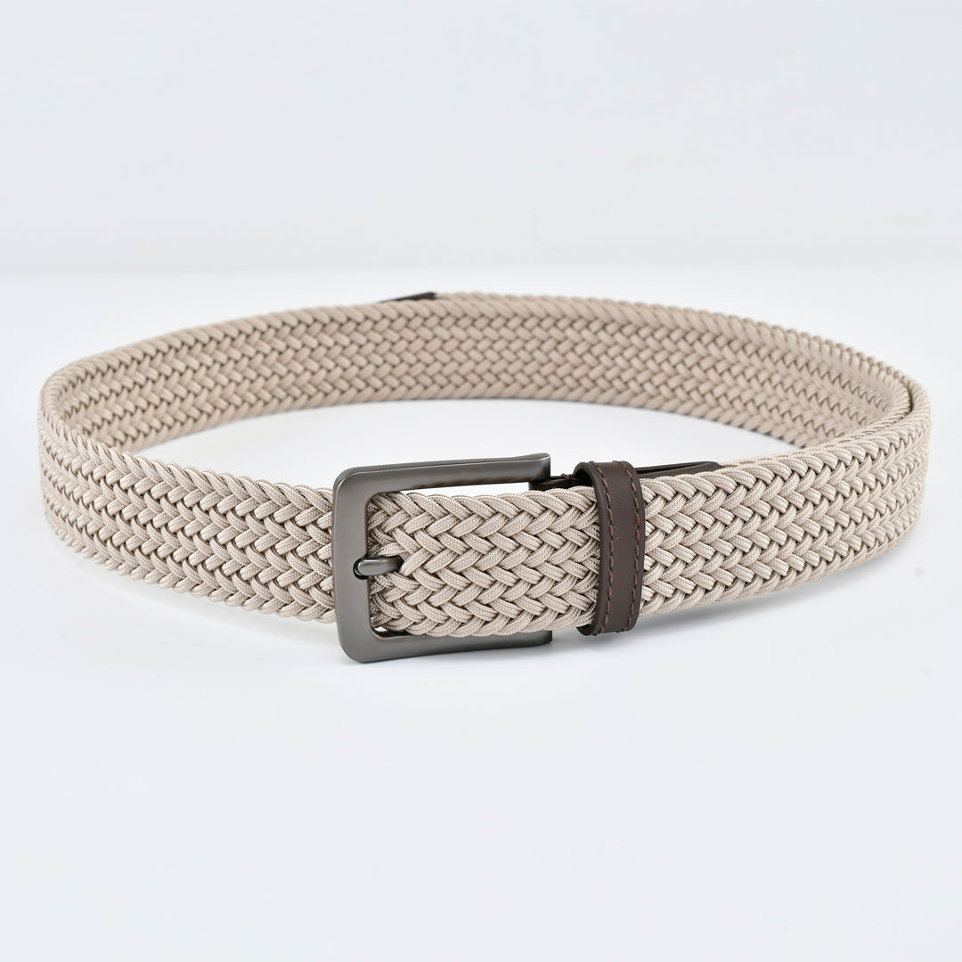 Stretch Woven Belt Beige with Genuine Leather Trim and Debossed Logo