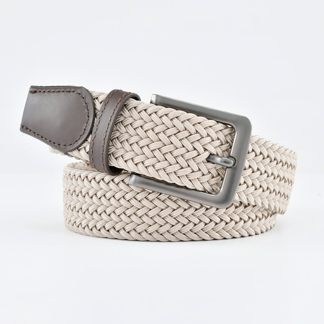 Stretch Woven Belt Beige with Genuine Leather Trim and Debossed Logo