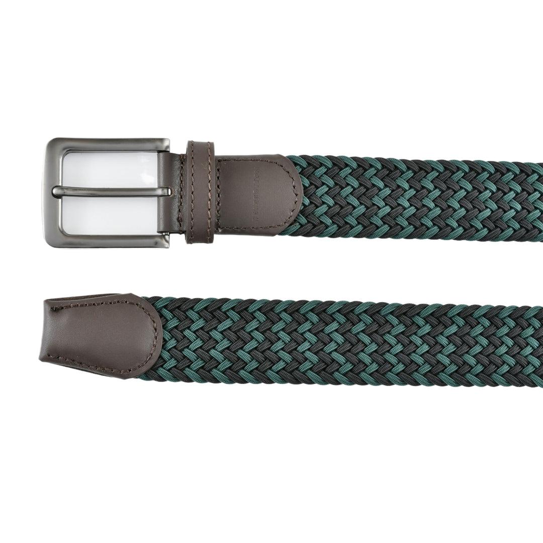 Stretch Woven Belt Black and Green with Genuine Leather Trim and Debossed Logo