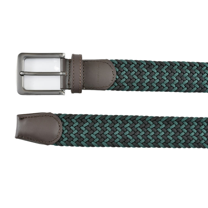 Stretch Woven Belt Black and Green with Genuine Leather Trim and Debossed Logo