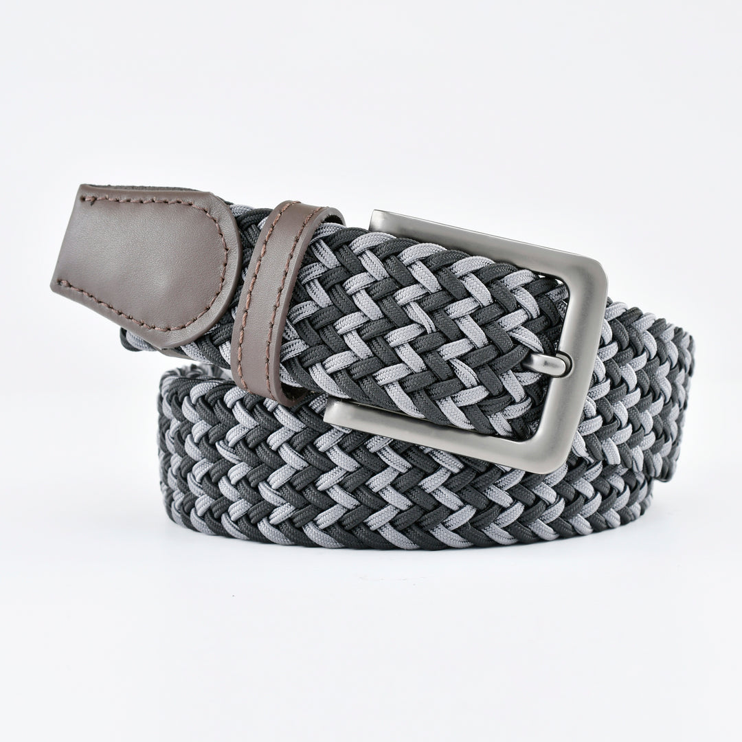 Stretch Woven Belt Black and Grey with Genuine Leather Trim and Debossed Logo