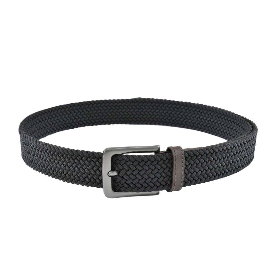 Stretch Woven Belt Black with Genuine Leather Trim and Debossed Logo