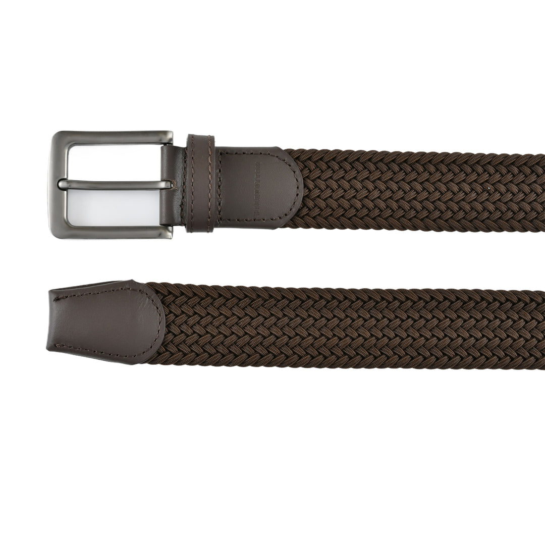 Stretch Woven Belt Brown with Genuine Leather Trim and Debossed Logo