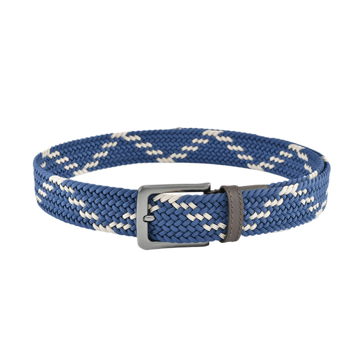 Stretch Woven Belt Navy and Beige with Genuine Leather Trim and Debossed Logo