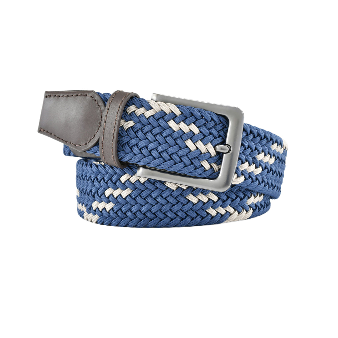 Stretch Woven Belt Navy and Beige with Genuine Leather Trim and Debossed Logo