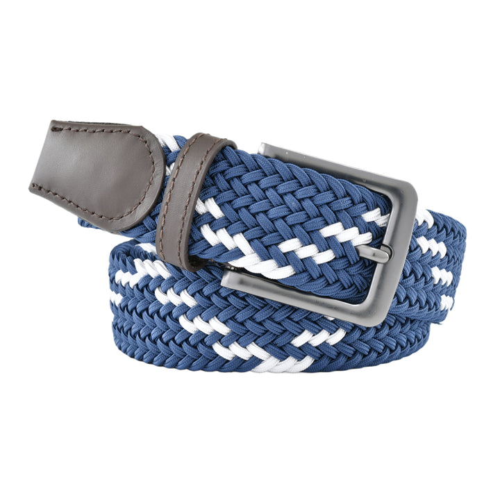 Stretch Woven Belt Navy and White with Genuine Leather Trim and Debossed Logo