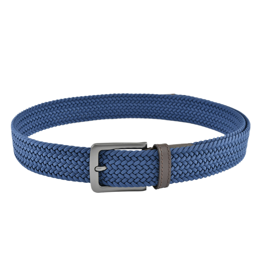 Stretch Woven Belt Blue with Genuine Leather Trim and Debossed Logo