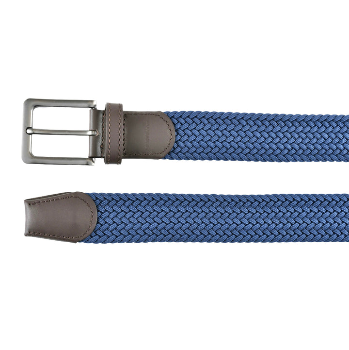 Stretch Woven Belt Blue with Genuine Leather Trim and Debossed Logo