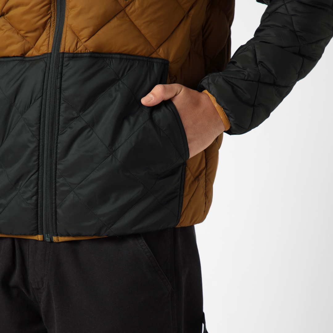 Backyard Quilted Jacket Cider close up front pocket on model