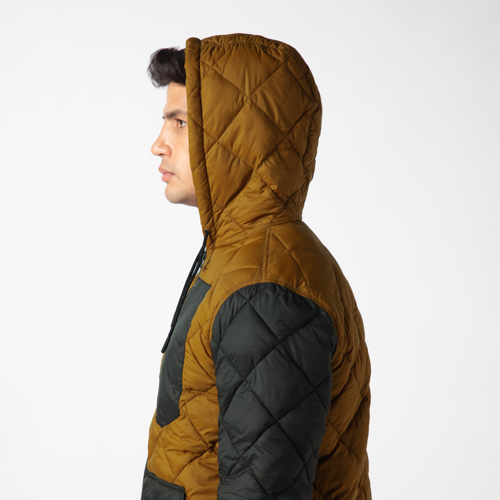 Backyard Quilted Jacket Cider close up hood on model