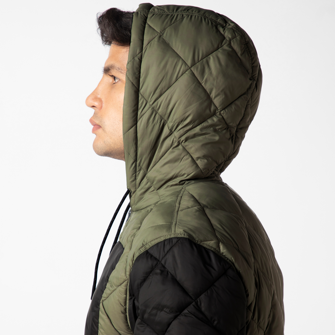 Backyard Quilted Jacket Fern close up hood on model