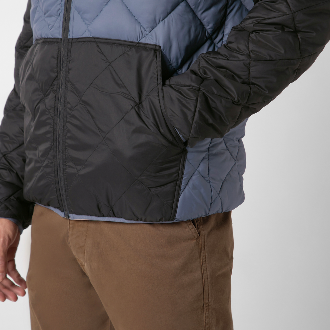 Backyard Quilted Jacket Flint close up front pocket on model