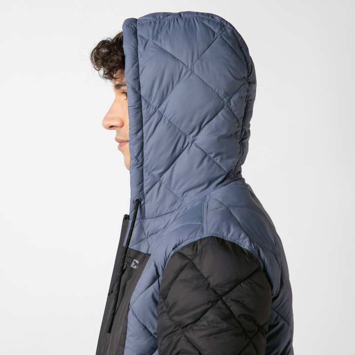 Backyard Quilted Jacket Flint close up hood on model