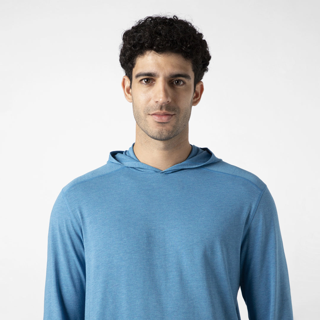 Bamboo Hoodie Bright Cobalt close up on model