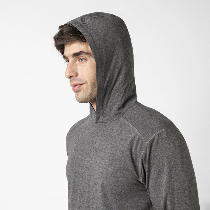 Bamboo Hoodie Charcoal Black close up on model