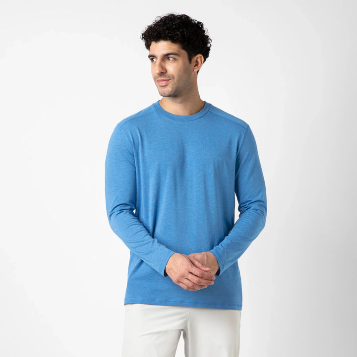 Bamboo Long Sleeve Tee Bright Cobalt front on model