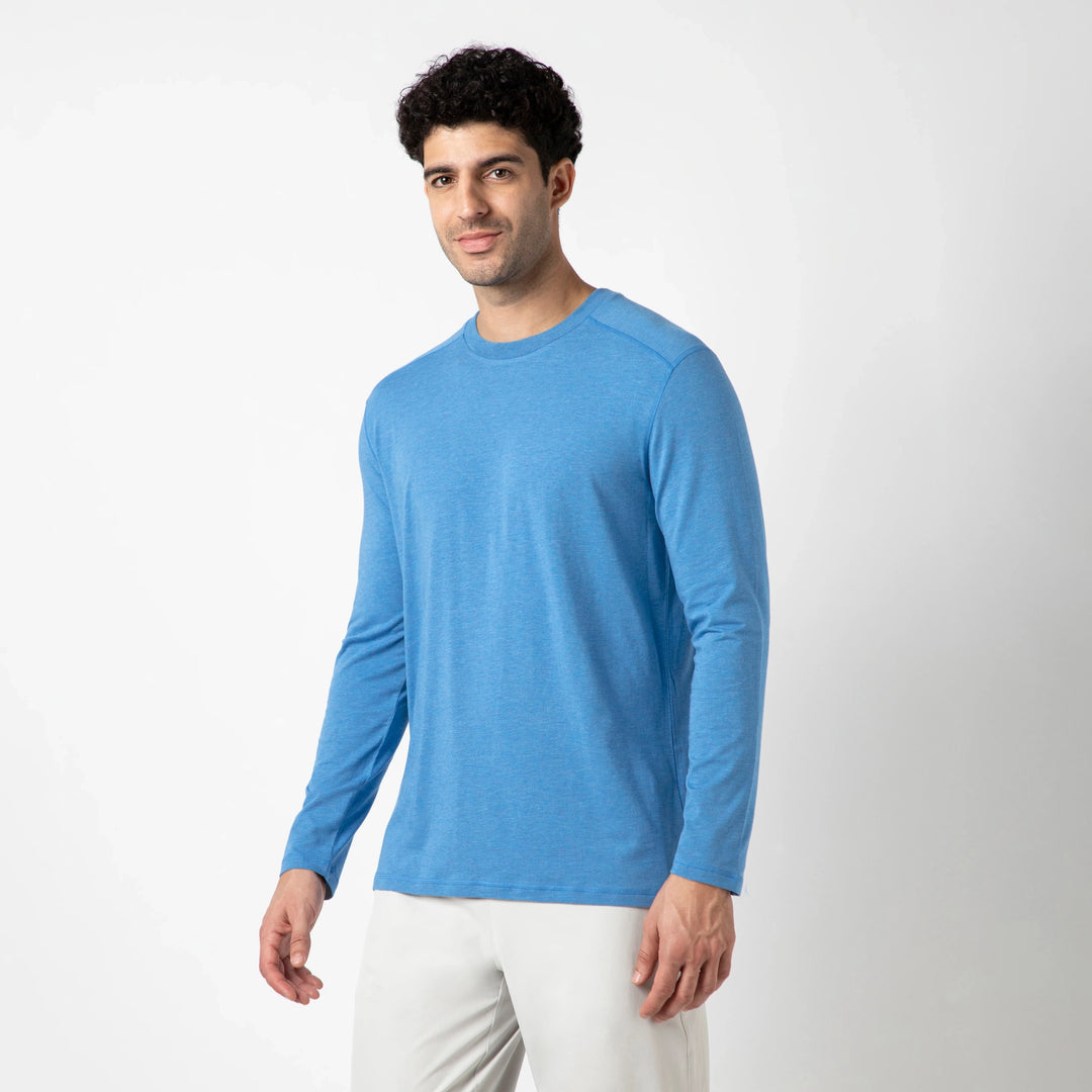 Bamboo Long Sleeve Tee Bright Cobalt side on model