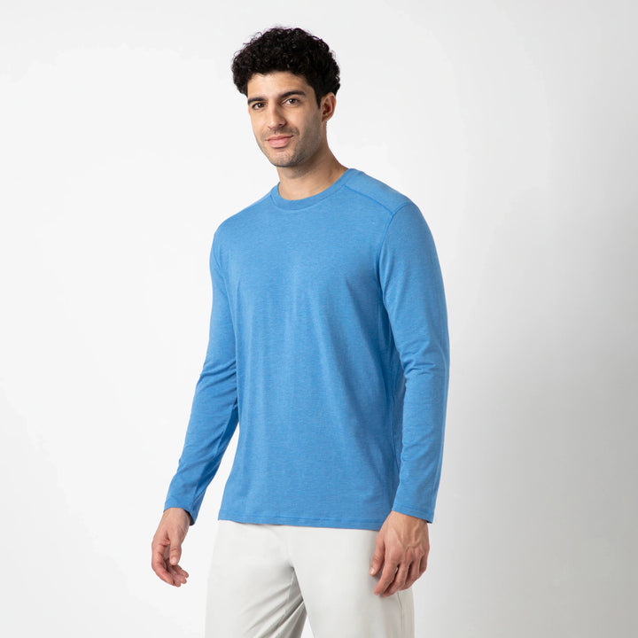 Bamboo Long Sleeve Tee Bright Cobalt side on model