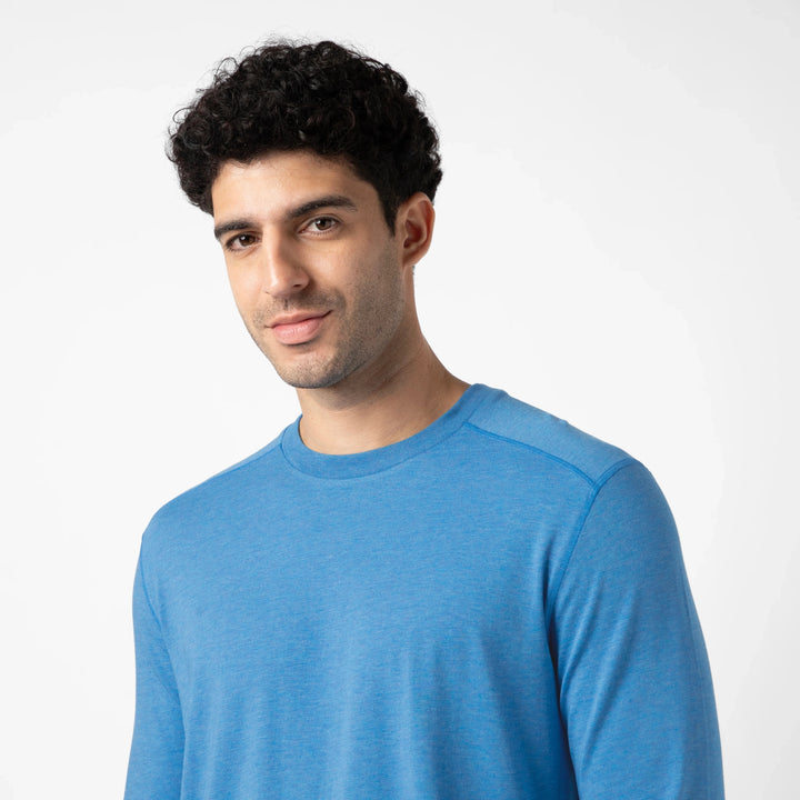 Bamboo Long Sleeve Tee Bright Cobalt close up on model
