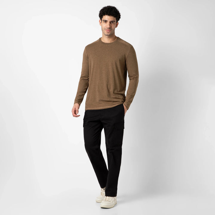 Bamboo Long Sleeve Tee Cocoa full body on model